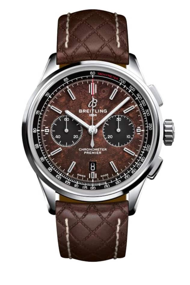 Premier B01 Chronograph 42 Bentley Centenary Limited Edition in stainless-steel with brown elm burl dial and brown Bentley-inspired leather strap