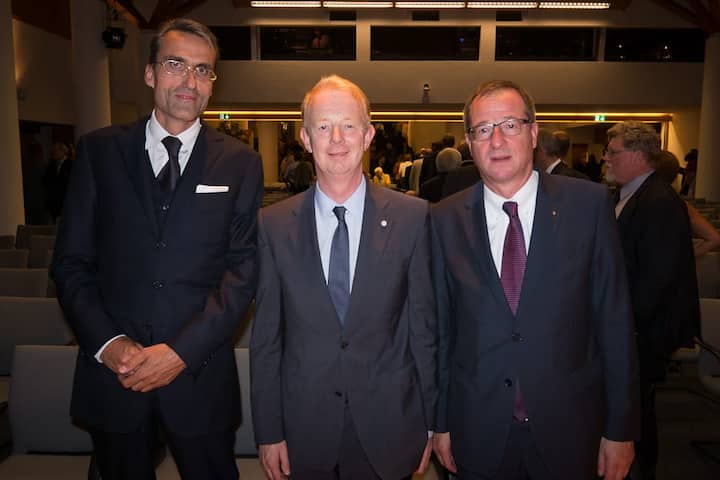 Joe Stadler, UBS, Gastgeber; Marijn Dekkers, Vorstandsvorsitzender BAYER AG; Toni Schönenberger, CEO Wolfsberg