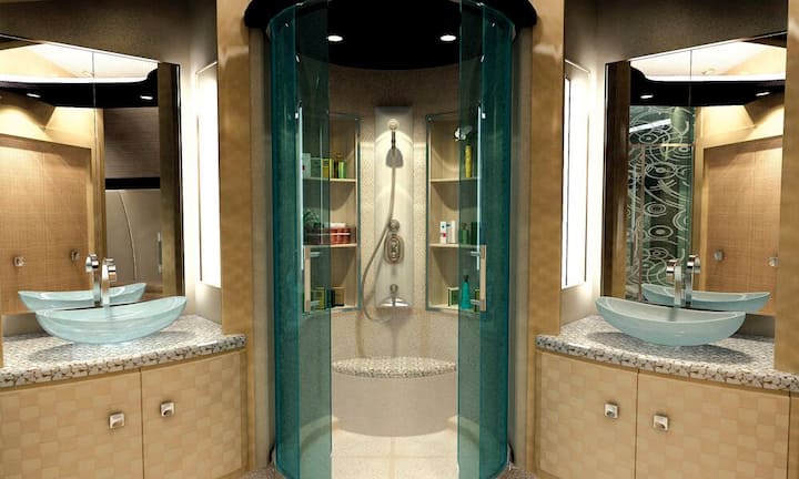 In den Bädern sind meist Duschen installiert, Badewannen oder Pools sind bedingt durch das Gewicht des Wassers und die Statik des Flugzeuges tabu.Lufthansa Technik