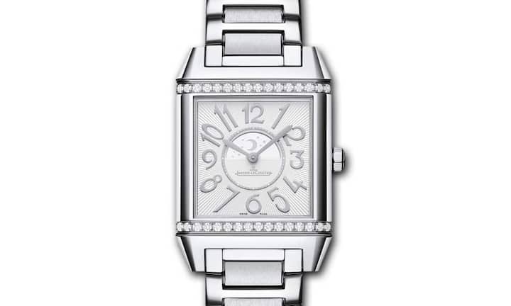 Die Uhr, die sich anpasst: Jaeger-LeCoultre Squadra Lady Duetto; auf der Abendseite mit Diamanten auf dem Edelstahlgehäuse, auf der Tagseite ohne – oder umgekehrt.