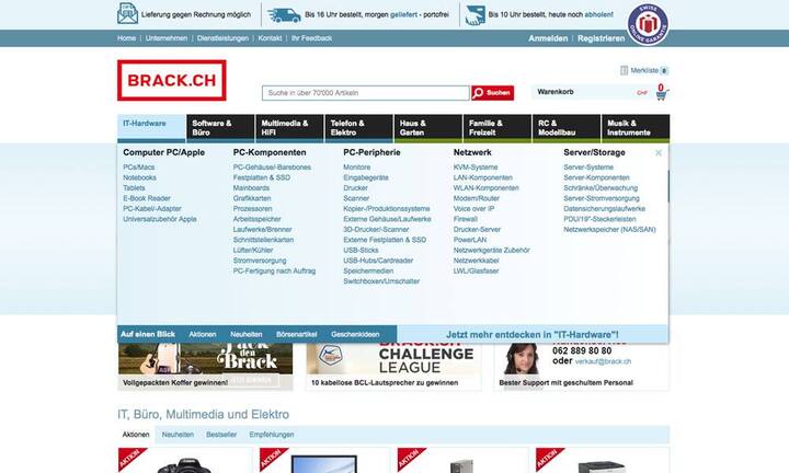 B2C - Electronics & Media 
brack.ch
Es ist offensichtlich, dass bei Brack im vergangenen Jahr am  Online-Shop gearbeitet und optimiert wurde. Augenfällig ist die übersichtliche Erweiterung der Navigation. Auch viele Details wurden optimiert, sodass das Einkaufserlebnis flüssig, die Suche effizient und der Checkout bequem sind. Doch auch die Produktpräsentation inklusive der umfangreichen Informationen überzeugen.