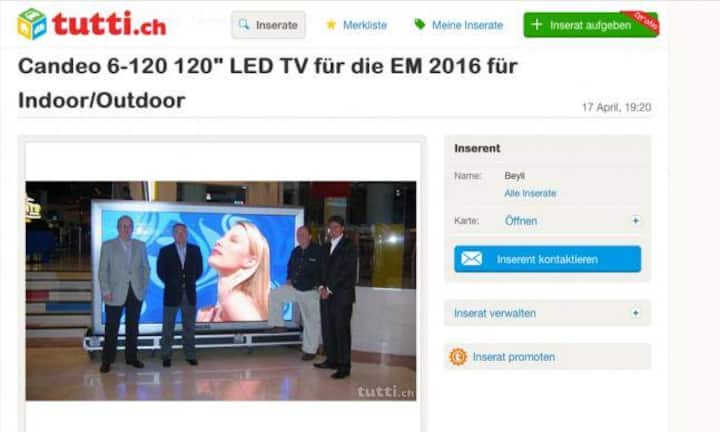 Bei der Inserate-Plattform Tutti ist im Moment ein grosser Fernseher im Angebot. Das 117-Zoll-Display kommt nicht ganz billig: Der Verkäufer möchte 56'000 Franken dafür haben.