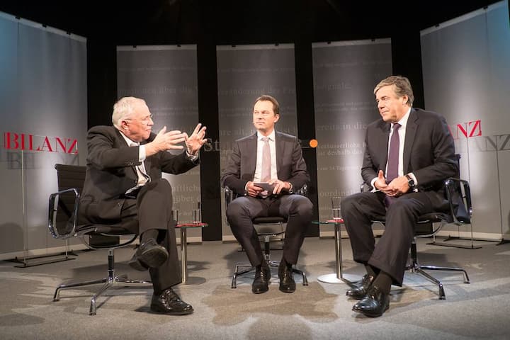 Christoph Blocher, Nationalrat; Dirk Schütz, Bilanz Chefredaktor; Josef Ackermann, VR-Präsident Zürich