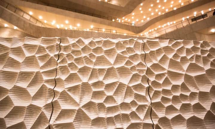 Für die Akustik war der Japaner Yasuhisa Toyota zuständig. Die spektakuläre Innenverkleidung, die sogenannte Weisse Haut, soll den Besuchern auf allen Plätzen den besten Klang bieten.