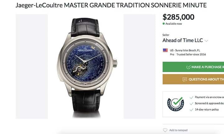 10. Jaeger-LeCoultre Master Grande Tradition Grande Complication
Die technische Meisterleistung von Jaeger-LeCoultre mit fliegendem Tourbillon und Minutenrepetition gibt es laut diesem Inserat für 285'000 Dollar. In anderen Versionen, die ebenfalls auf der Seite angeboten werden, kann sie auch mehr als 400'000 Franken kosten.