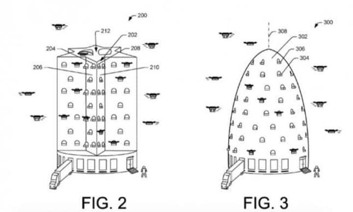 Drohnentürme: Mit der Idee will Amazon die Lieferzentren vom Stadtrand in die Innenstadt bringen. Die Grundstückfläche wird kleiner, dafür wächst das Gebäude in die Höhe (Patent: «Multi-level fulfillment center for unmanned aerial vehicles»).