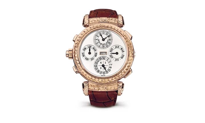 Referenz 5175: 20 Komplikationen, davon fünf tönende (Grand Sonnerie, Petite Sonnerie, Minutenrepetition, Schlagwerkmodusanzeige, Alarm), vereint die bisher komplizierteste Armbanduhr der Manufaktur. 100 000 Arbeitsstunden wurden für Entwicklung, Fertigung und Montage der 11 060 Einzelteile aufgewendet. Die Double-Face-Uhr mit genialem Wendemechanismus zeigt Uhrzeit und Sonnerie (links) und den Vollkalender (rechts). Limitiert auf sechs Stück (plus Prototyp). Preis: 2,5 Millionen Franken