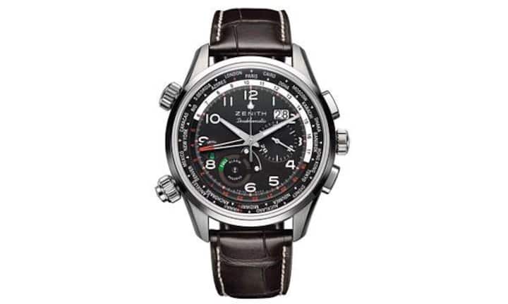 Glänzendes Comeback: Im Genre der Fliegeruhren feiert Zenith ein glänzendes Comeback. Die Pilot Doublematic, ein Chronograph mit Grossdatum, Zeitzonenregulierung und Alarm, hat alle Qualitäten einer kommenden Ikone. Der besondere Clou: eine Reserveanzeige für die Alarmvorrichtung, alles auf der Basis des hauseigenen Chronographenwerks El Primero mit Anzeige der Zehntelsekunde. In Edelstahl: 12 900 Franken.