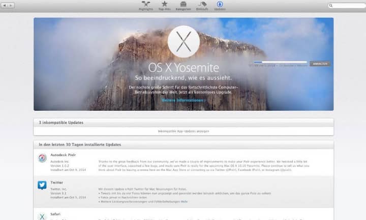 Für den Download braucht man einige Minuten. Das Upgrade ist 5,2 Gigabyte gross. Zur Installation empfiehlt Apple mindestens 8 Gigabyte Speicherplatz frei zu haben.