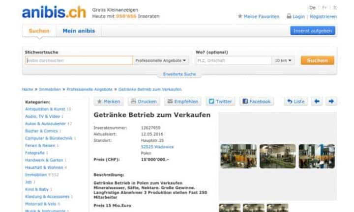 Die teuerste Kategorie bei Anibis ist Immobilien. Eine Getränkefabrik im polnischen Wadowice mit 250 Angestellten kann für 15'000'000 Franken übernommen werden.