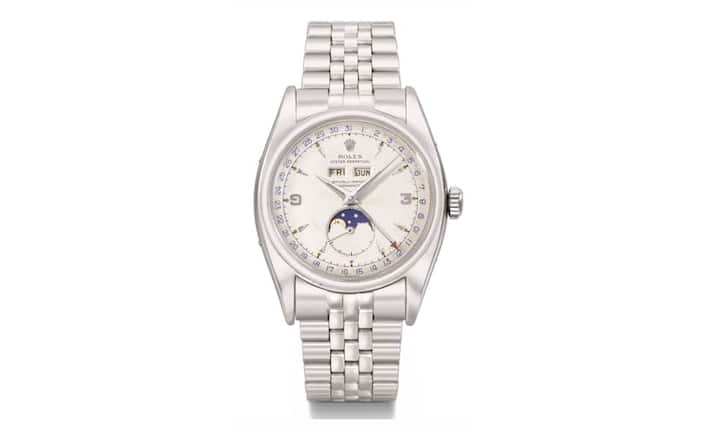 Rolex: Die einmalige Uhr ist aus rostsicherem Stahl gefertigt und hat ebenfalls einen Kalender, der die Mondphasen anzeigt. Gefertigt wurde sie 1953. Der Preis bewegt sich laut Schätzungen zwischen 220'000 und 320'000 Franken.