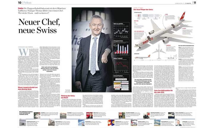 Visual Storytelling: Artikelseiten «Neuer Chef, neue Swiss» in der Ausgabe Nr. 2 vom 14. Januar 2016.