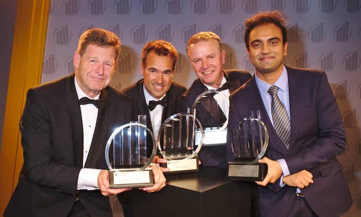 Die Entrepreneurs of the Year 2016 by EY:
Hans-Rudolf Schurter, VRP, Schurter Holding AG;
Olivier Brourhant, CEO, Amaris SA;
Willi Miesch, CEO, Medartis AG;
Tej Tadi, CEO, MindMaze SA (Bildlegende v.l.n.r.)