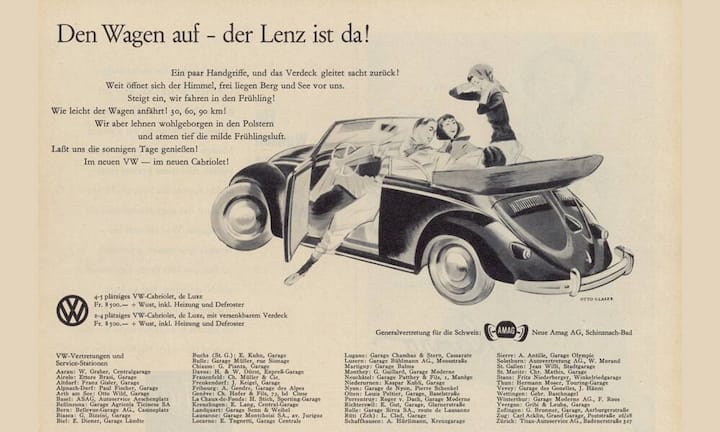Qualität, Preis, Leistung, Service und das dichte Vertreternetz sorgten dafür, dass Volkswagen die meist gefahrene Automarke der Schweiz wurde. Der zehntausendste Käfer fand 1954 seinen Käufer.