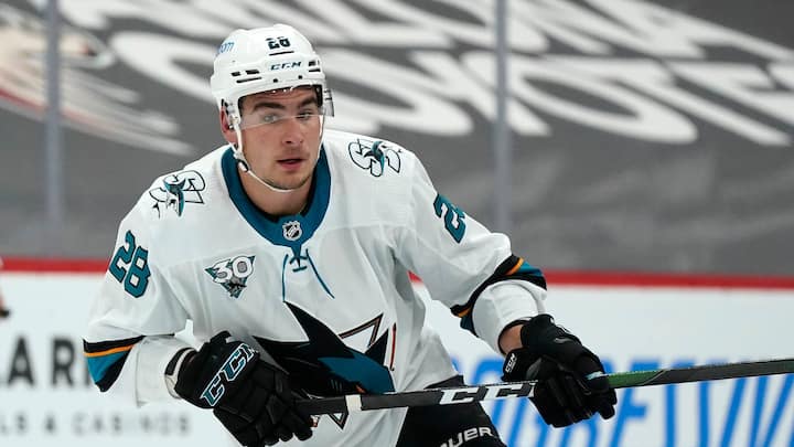 San Jose Sharks right wing Timo Meier skates to the puck against the Arizona Coyotes during the third period of an NHL hockey game Saturday, Jan. 16, 2021, in Glendale, Ariz. The Coyotes defeated the Sharks 5-3. (AP Photo/Ross D. Franklin)