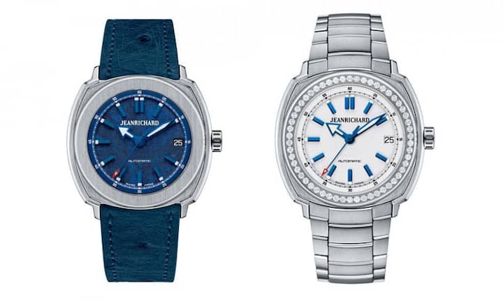 Bei Jeanrichard kommt die Kollektion Terrascope in verkleinerter Form auf 39 Millimeter. Die lässige Version für den Tag besitzt ein Edelstahlgehäuse, ein blaues Straussenlederarmband und ein grob strukturiertes Zifferblatt. Zusätzlich gibt es noch eine elegantere Ausführung mit einem mattweissen Zifferblatt, das mit blauen Indexen versehen ist, einer mit 54 Diamanten besetzten Lünette und einem Edelstahlarmband.Jeanrichard