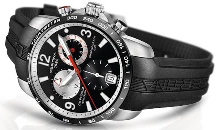 Unschlagbares Angebot: Unter dem dynamischen Adrian Bosshard bekennt sich Certina zu einem unschlagbaren Preis-Leistungs-Verhältnis. Spitzenreiter im preisaktiven Certina-Angebot ist die DS Podium GMT Chronograph. Die vielseitige Uhr mit dem hohen Nutzwert glänzt mit starken ästhetischen Qualitäten, einem Kautschukband sowie einem Saphirglas. 570 Franken.