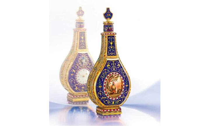 Diese mit Edelsteinen besetzte Uhr von Jaquet-Droz Leschot und Frisard Geneva, aus den Jahren 1786/87 wurde bei Sotheby's in New York für 2,53 Millionen Dollar versteigert.