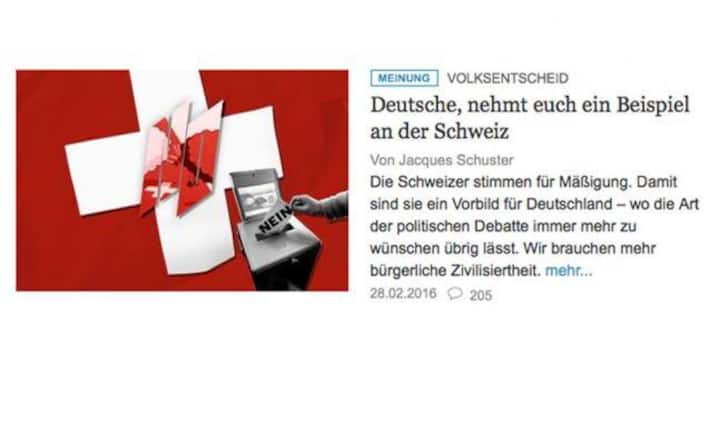 Das internationale Medienecho zum Abstimmungssonntag: 
Zuweilen darf man zu Recht neidisch auf die Schweiz sein, kommentiert die «Welt» in Berlin. Zum Beispiel nach diesem Abstimmungssonntag. Die Schweizer hätten gezeigt, dass sie selbst in «aufgeheizten Zeiten zu Ausgewogenheit und Reflexion fähig sind». Sind es die Deutschen in gleichem Masse?, fragt die «Welt». «Man kann es nur hoffen.»