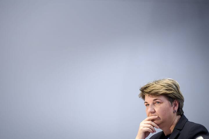 Swiss Federal councillor Viola Amherd briefs the media about the latest measures to fight the Covid-19 Coronavirus pandemic, in Bern, Switzerland, Monday, March 16, 2020.(KEYSTONE/Anthony Anex)