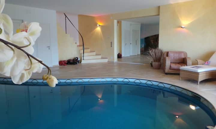 Ein Highlight: Der Poolbereich mit Naturfels. Die grosse offene Dusche, eine moderne Sauna sowie ein WC gehören zum Wellnessbereich.