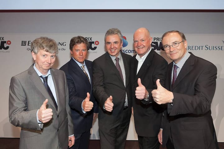 Die Nominierten auf Platz 2, 3 und 4: Josef Jenni, Gründer & VR-Präsident Jenni Energietechnik; Daniel Eicher, Geschäftsführer & Inhaber ABC - A. Boss + Co. AG; Urs Kessler, CEO Jungfrauahnen;  Peter Röthlisberger, CEO & CFO, Röthlisberger Schreinerei AG; Georges Bindschedler, VR-Delegierter, merz+benteli AG