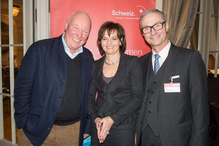 Jean-Claude Biver; Ruth Metzler, Präsidentin Osec; Daniel Küng, CEO Osec
