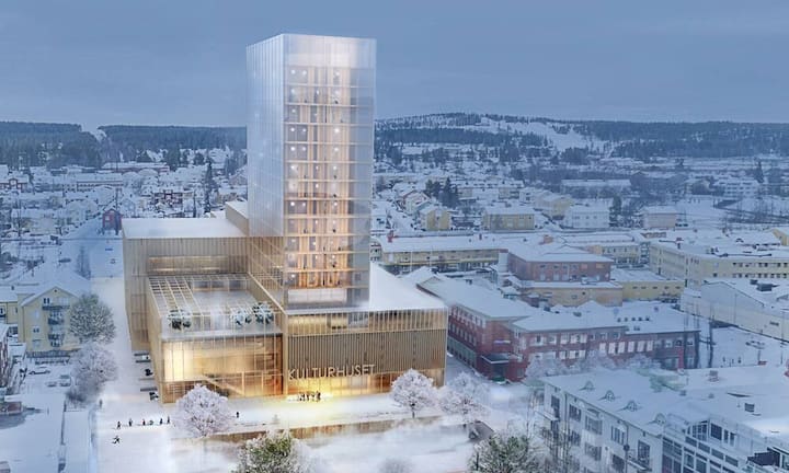 Ebenfalls aus Skandinavien stammt der Entwurf für diesen 19-stöckigen Turm im schwedischen Skellefteå. Trotz einer Höhe von 76 Metern fügt sich das Haus schön ins Stadtbild ein.
White arkitekter