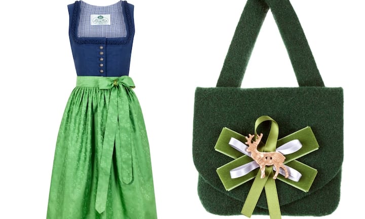 Heimatwerk Blaues Dirndl aus Leinen/BW mit grüner Schürze, Dirndl 199,95 Euro und Schürze 79,95 EuroVinzenz & Vincent grüne Filztasche mit Reh- und Schleife 49,95 Euro