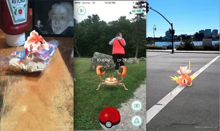 Eigentlich logisch, dass Wasserpokémon wie Goldini, Krabby und Karpador (v. l.) die Wassernähe lieben. Wer sie fangen möchte, schaut am besten an den nächsten Docks, Flussufern, Hafenbecken und Seen.