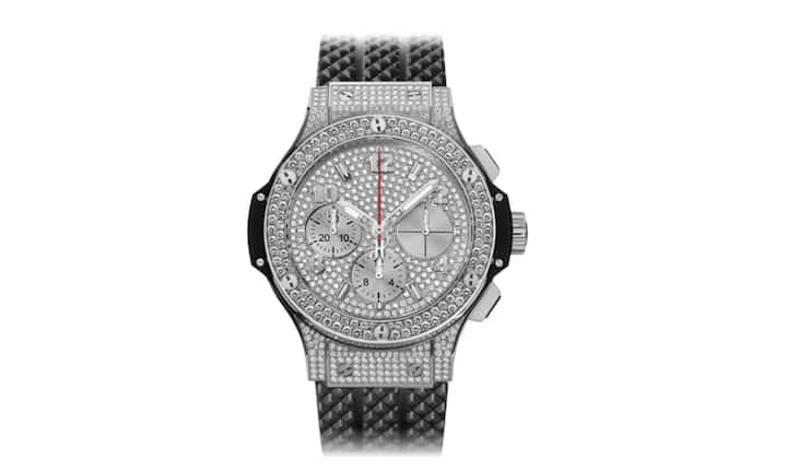 Wie immer nicht zu übertreffen: Hublot Big Bang Full Pavé, aber mit einem bescheidenen Gehäuse aus Edelstahl. Was die Uhr nicht weniger spektakulär macht.