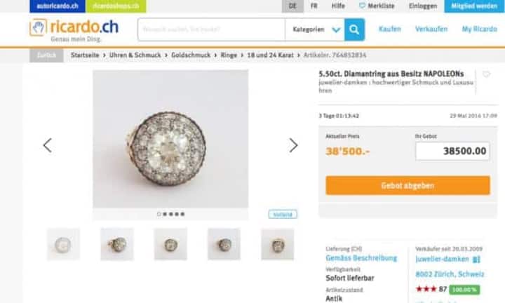 Dieser Diamantring auf Ricardo soll einst Napoleon gehört haben. Das gute Stück ist für 38'500 Franken zu haben.