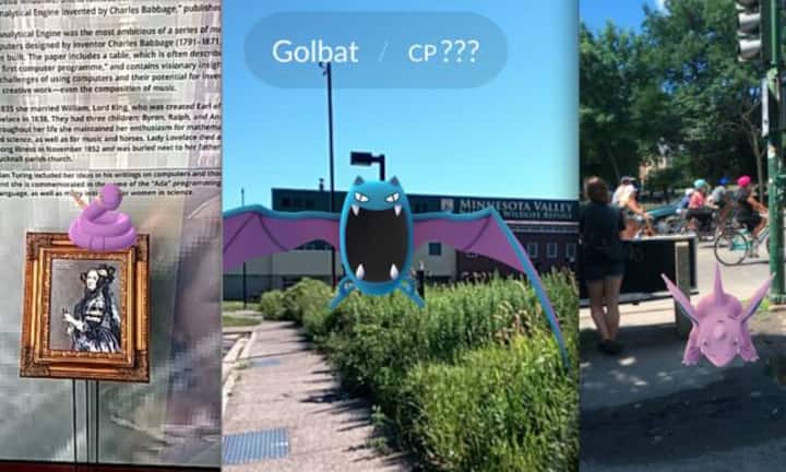Wer sich bei der Pokémon-Jagd in Moore oder Sümpfe traut, hat gute Chancen, dort auf Gift-Typen wie Rettan, Golbat und Nidoking (v. l.) zu treffen. Weshalb sich Rettan aber auf dem Bild ins Museum geschlichen hat, bleibt ungeklärt...