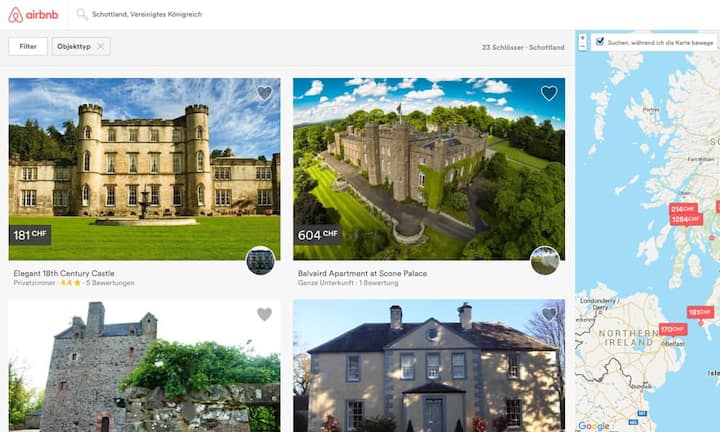Wem für das «Luxury Sharing» das nötige Kleingeld fehlt, der muss dennoch nicht auf Luxus verzichten: Bei der Schlafplatzbörse Airbnb gibt es gut 1400 Schlösser, die gemietet werden können.Screenshot Airbnb