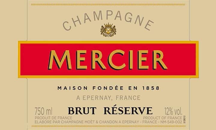 Mercier Brut Réserve. Die roten Trauben dominieren diese Assemblage, welche nur 15 Prozent Chardonnay aufweist, deutlich. Er zeichnet sich durch einen golden reflektierendes Äusseres aus, mit einem würzigen Bouquet von getrockneten Früchten wie Orangette und einem sehr lebendigen Geschmack mit Noten gelierter Früchte und von Brioches.
