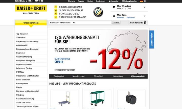 B2B - Online-Shops
kaiserkraft.ch
Der Büro- und Betriebsausstatter überzeugte nicht nur mit seiner Reichweite, sondern auch mit der gesamten  User-Experience.  Ein weiteres Beispiel, wie die bewährten Anforderungen aus dem B2C-Bereich auch bei B2B erfolgreich Einzug halten. Beim B2B-Gewinner zudem überzeugend und innovativ gelöst ist die effiziente Auswahl alternativer Artikelvarianten, die man so selten gesehen hat.
