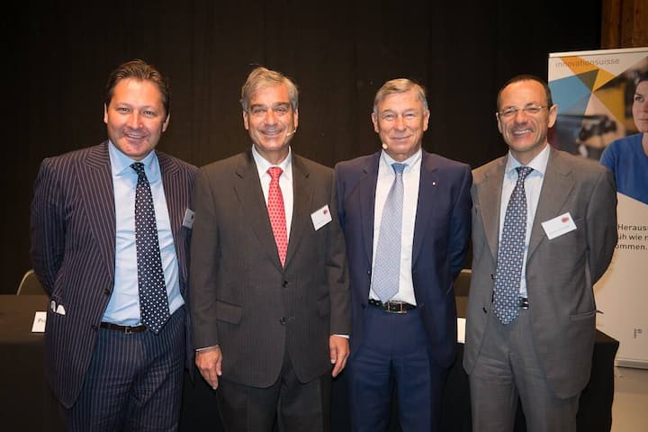 Pascal Gentinetta, Vorsitzender der Geschäftsleitung economiesuisse; Rudolf Wehrli, Präsident economiesuisse; Gerold Bührer, alt Präsident economiesuisse; Lino Guzzella, Rektor ETH Zürich;