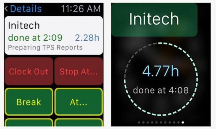 Hours Tracker – nützlich 
Hours- Tracker verwaltet  Arbeitszeit, spei chert die gearbei teten Stunden, kal kuliert Pausen und  berechnet die Einnahmen  des Nutzers. Wie bei vielen Apps können Nutzer über die Smartwatch keine neuen Einträge hinzufügen. Aktive Jobs können aber über das Handgelenk gesteuert werden, zum Beispiel, um eine Pause einzugeben oder einen Job zu beenden.Fazit: Der aktuelle Job kann mit einem Tippen verwaltet werden. Praktisch.