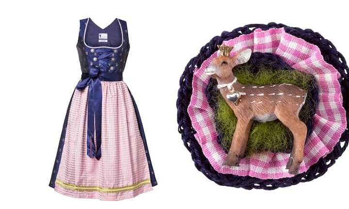 Trachtsetter blaues Dirndl mit rosa Schürze 599 EuroHandgemachte Brosche mit Rehfigur 29,95 Euro
