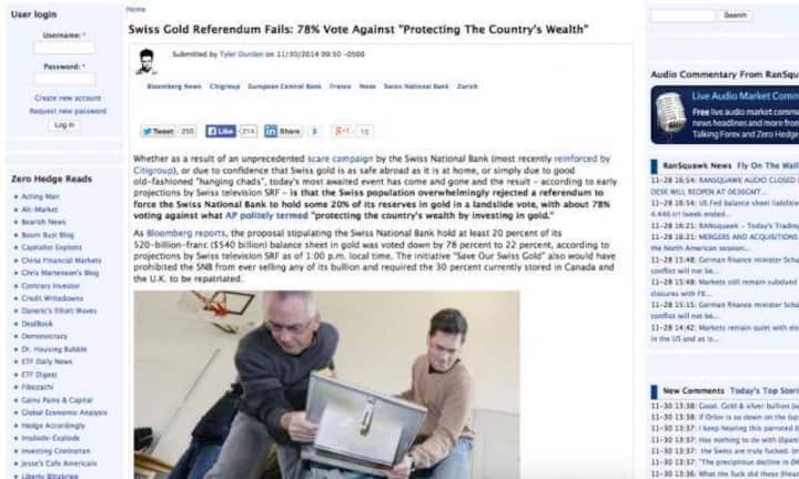 Auch der einflussreiche Finanz- und Newsblog «Zero Hedge» kümmert sich nicht um Zuwanderung oder Steuern. Die Gold-Initiative lässt sein Herz höher schlagen. Und nach dem Nein schreibt er, was bisher noch kaum erwähnt wurde: Paradoxerweise könnte das Gold-Nein den Franken stärken und damit die SNB (wieder) zur Intervention zwingen.