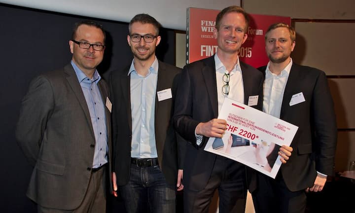 Swiss Made Fintech, 4 Startup-Präsentatoren
Roger Fromm, INVESTORY;
Dejan Juric, Klimpr;
Gerrit Sindermann, milliPay Systems AG, mit Gutschein für bestes Projekt;
Michael Borter, Cashare