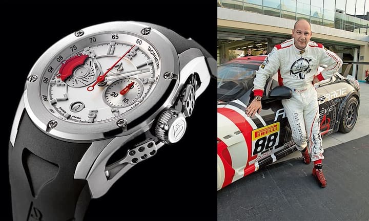 23 Monate nach dem Kauf einer Evo 1 von Rennfahrer Ange Barde (rechts) wird man aufgefordert, das Stück in den Service zu bringen. Auch das Dekor der Uhr erinnert an die Autowelt: Man findet Pedale, Maserati-Luftlöcher, Bremsscheiben und mehr.