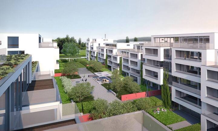 Opfikon: Am Rande von Zürich entsteht in zwei Gebäuden die Wohnsiedlung «Hamilton View» mit 109 Wohnungen (zum Teil auch zur Miete). Fertigstellung: Oktober 2015.