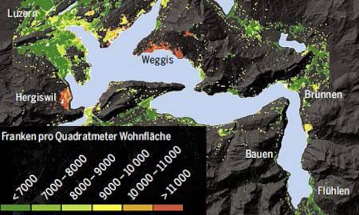 Bauen, Vierwaldstättersee. (Quelle: Mikrolagen-Rating Wüest & Partner (Stand: Juli 2013), Kartengrundlage: Swisstopo)