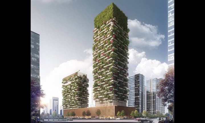 Ähnlich wie in Mailand werden auch hier Bäume und Sträucher in die Fassaden gepflanzt. Sie können pro Jahr 25 Tonnen CO2 absorbieren.