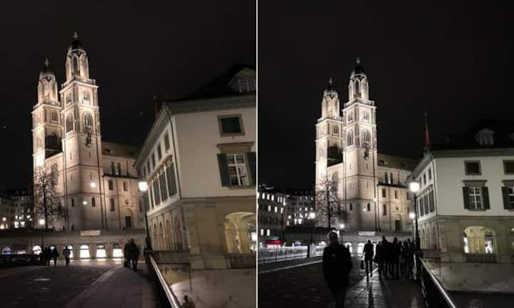 Der deutlichste Unterschied zwischen dem Premiumgerät von Huawei und dem neuen Apple-Flagship zeigt sich bei Nachtaufnahmen. Die Farben in der Huawei-Aufnahme rechts wirken zwar kälter, dafür ist das Bild auch bei Dunkelheit scharf. Links das Apple-Foto zum Vergleich.