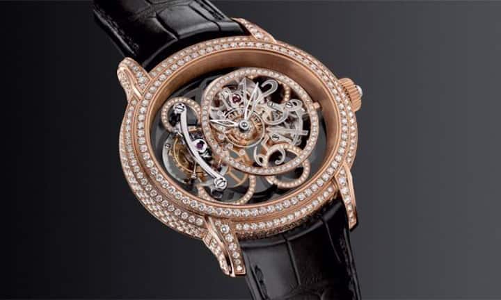 Jahrtausenduhr: Audemars Piguet Millenary Calcédoine im Roségoldgehäuse mit 345 Diamanten (3,45 Karat) und einem skelettierten Werk mit Tourbillon auf der transparenten Platine.