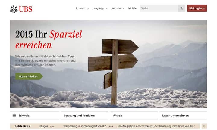 Die Top 3 der besten Webauftritte von Schweizer Unternehmen eröffnet die UBS. Die Online-Kommunikation der Grossbank wurde mit 61,1 Punkten bewertet (Vorjahr: Platz 4).