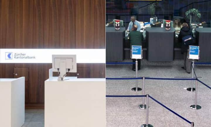 Der direkte Vergleich macht den Zeitenwandel deutlich. Nicht nur die Farbensprache unterscheidet sich klar. Die Architektur wurde auch den neuen Bedürfnissen angepasst. Statt klassische Schalter gibt es nur noch «Quick Desks». Bildr: Keystone