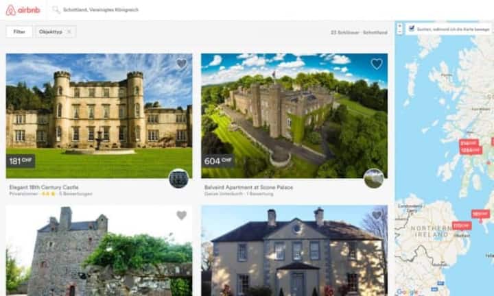 Wem für das «Luxury Sharing» das nötige Kleingeld fehlt, der muss dennoch nicht auf Luxus verzichten: Bei der Schlafplatzbörse Airbnb gibt es gut 1400 Schlösser, die gemietet werden können.Screenshot Airbnb
